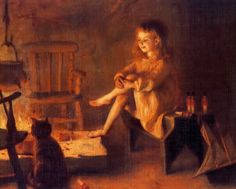 Art Print c19th Victorian Barefoot Farm Girl Sits Fireside Fireplace w Cat